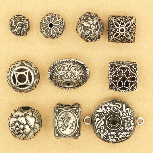 Vintage Antique Silver Metal Beads Set for Jewelry Making | Boho Spacer Beads &amp; DIY Bracelet Necklace Accessories