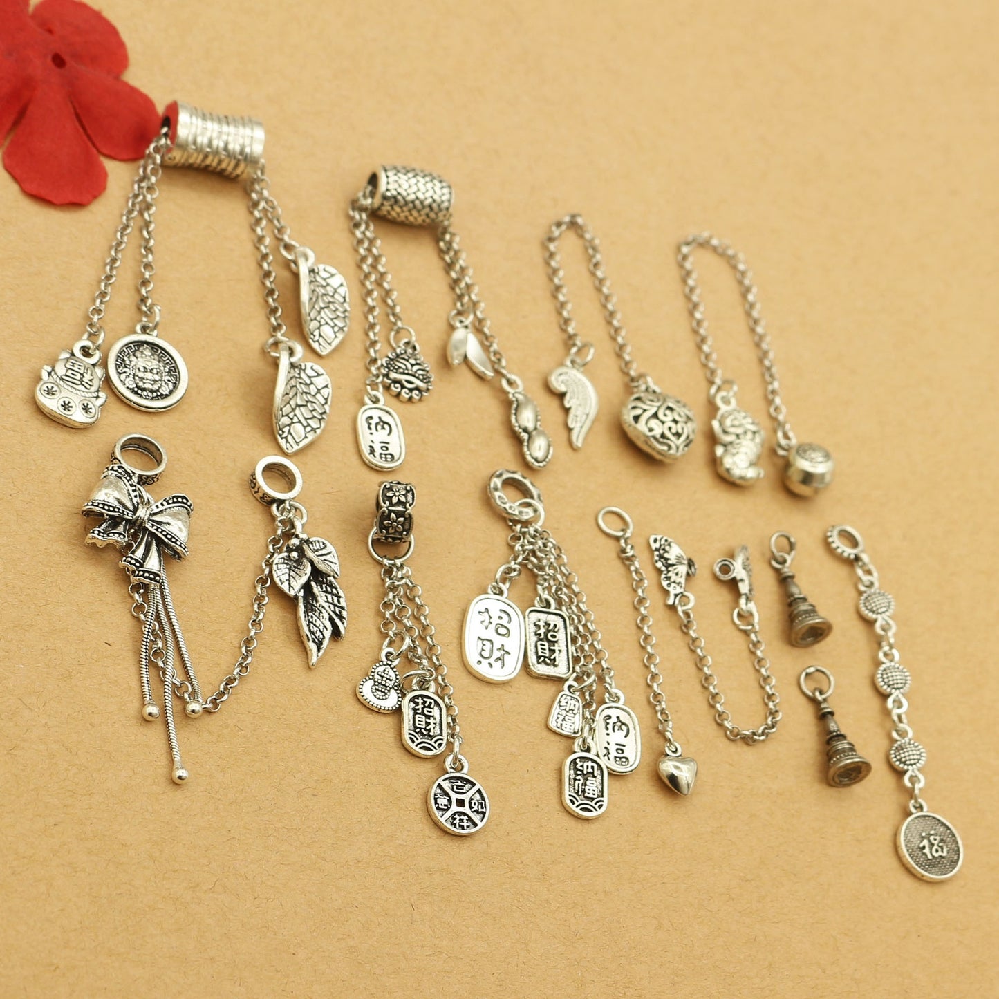 Vintage Silver Dangle Charms & Connectors  for DIY Jewelry Making – Lucky Symbols, Filigree, Bows & Chain Pendants