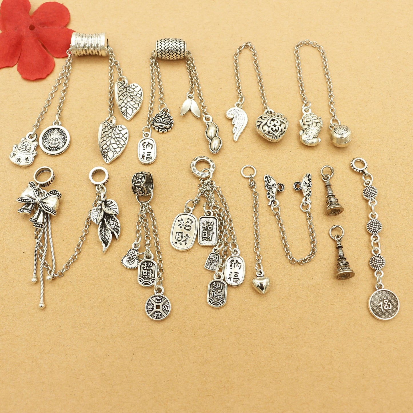 Vintage Silver Dangle Charms & Connectors  for DIY Jewelry Making – Lucky Symbols, Filigree, Bows & Chain Pendants