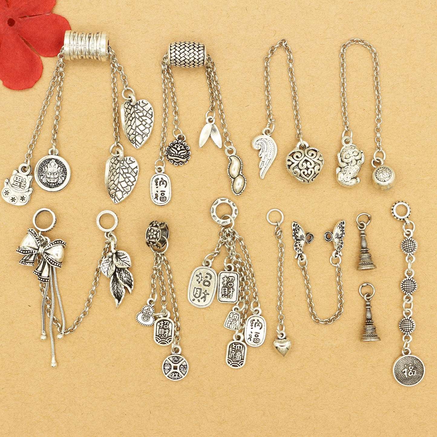 Vintage Silver Dangle Charms & Connectors  for DIY Jewelry Making – Lucky Symbols, Filigree, Bows & Chain Pendants